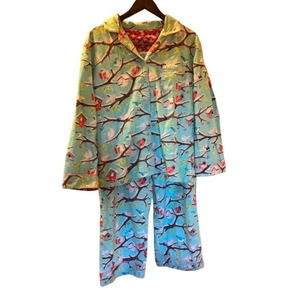 Nick & Nora Women's Flannel Pajama Set Blue Winter Birds Birdhouse Cotton Large